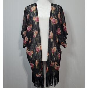 Wet Seal floral lace fringe hem open front kimono size M black festival boho